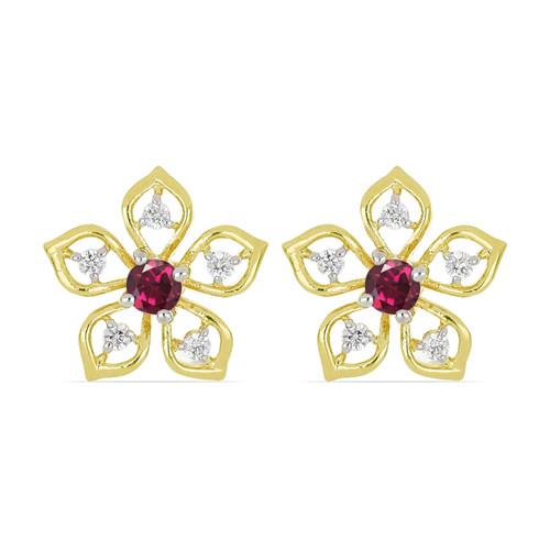 BUY 14K GOLD NATURAL RHODOLITE GEMSTONE CLASSIC EARRINGS WITH WHITE DIAMOND